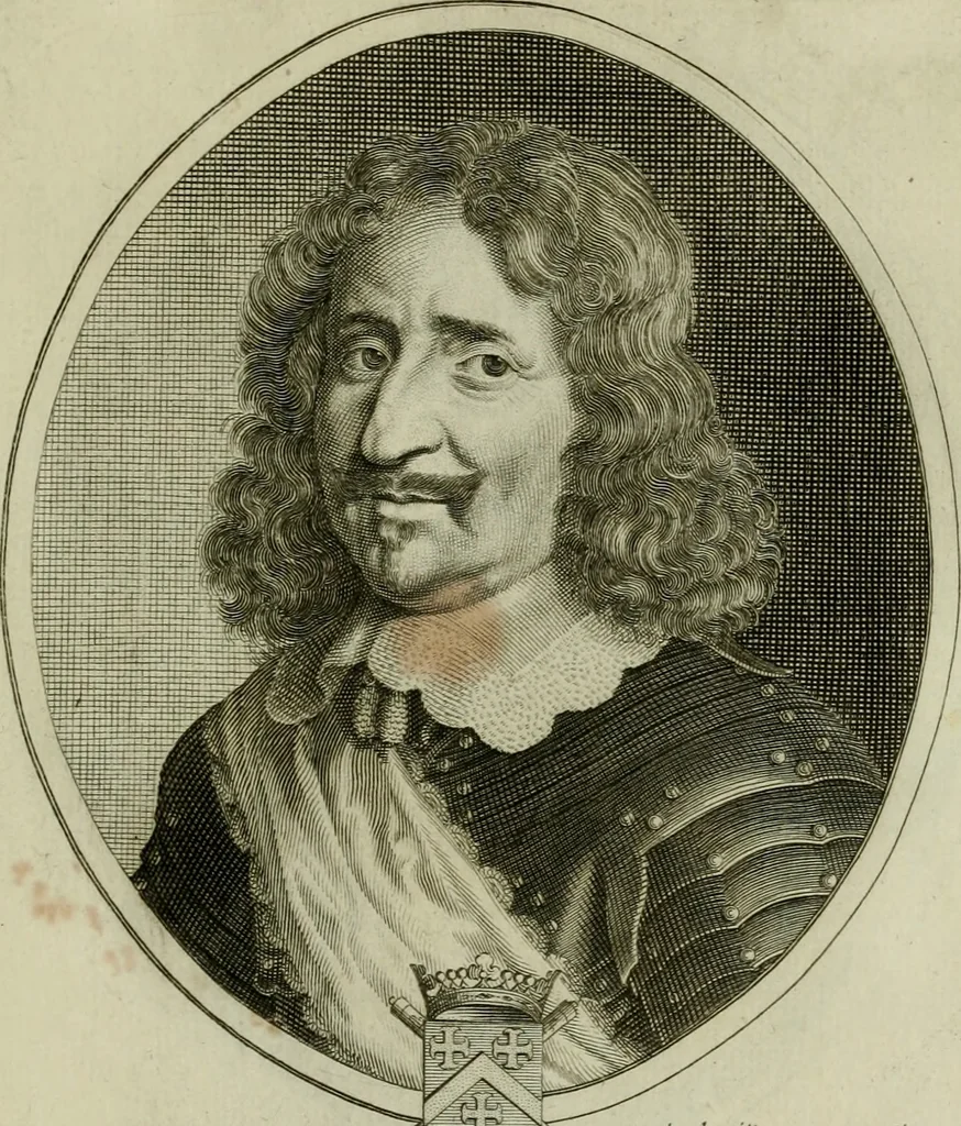 An illustration from Tableaux historiques, ou sont grauez les illustres francois et estrangers de l'un et de l'autre sexe : remarquables par leur naissance et leur fortune, doctrine, pieté, charges et emplois, auec les éloges sommaires contenans leurs noms et leurs qualitez, leurs peres et leurs meres, leurs aages, leurs mariages, les plus belles actions de leur vie et leurs armes blasonnées, 1662, leaf 160