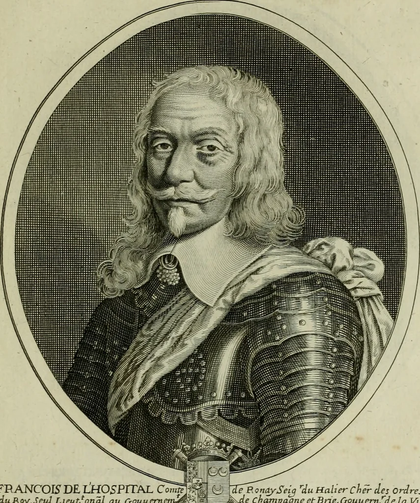 An illustration from Tableaux historiques, ou sont grauez les illustres francois et estrangers de l'un et de l'autre sexe : remarquables par leur naissance et leur fortune, doctrine, pieté, charges et emplois, auec les éloges sommaires contenans leurs noms et leurs qualitez, leurs peres et leurs meres, leurs aages, leurs mariages, les plus belles actions de leur vie et leurs armes blasonnées, 1662, leaf 164