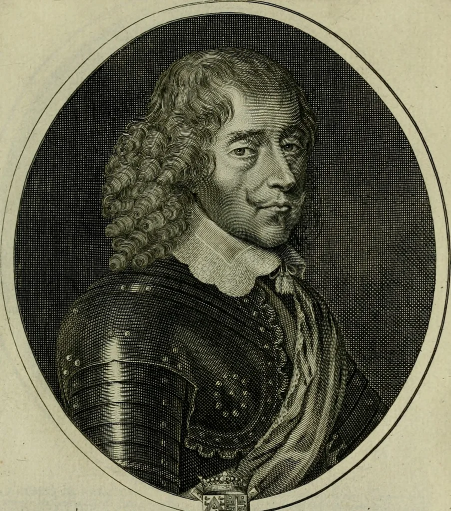 An illustration from Tableaux historiques, ou sont grauez les illustres francois et estrangers de l'un et de l'autre sexe : remarquables par leur naissance et leur fortune, doctrine, pieté, charges et emplois, auec les éloges sommaires contenans leurs noms et leurs qualitez, leurs peres et leurs meres, leurs aages, leurs mariages, les plus belles actions de leur vie et leurs armes blasonnées, 1662, leaf 166