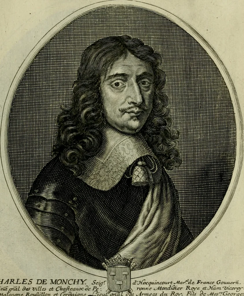 An illustration from Tableaux historiques, ou sont grauez les illustres francois et estrangers de l'un et de l'autre sexe : remarquables par leur naissance et leur fortune, doctrine, pieté, charges et emplois, auec les éloges sommaires contenans leurs noms et leurs qualitez, leurs peres et leurs meres, leurs aages, leurs mariages, les plus belles actions de leur vie et leurs armes blasonnées, 1662, leaf 170