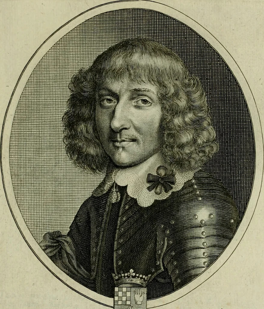 An illustration from Tableaux historiques, ou sont grauez les illustres francois et estrangers de l'un et de l'autre sexe : remarquables par leur naissance et leur fortune, doctrine, pieté, charges et emplois, auec les éloges sommaires contenans leurs noms et leurs qualitez, leurs peres et leurs meres, leurs aages, leurs mariages, les plus belles actions de leur vie et leurs armes blasonnées, 1662, leaf 176
