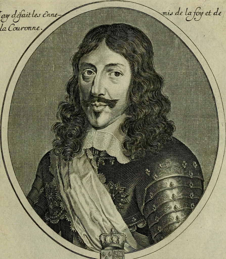 An illustration from Tableaux historiques, ou sont grauez les illustres francois et estrangers de l'un et de l'autre sexe : remarquables par leur naissance et leur fortune, doctrine, pieté, charges et emplois, auec les éloges sommaires contenans leurs noms et leurs qualitez, leurs peres et leurs meres, leurs aages, leurs mariages, les plus belles actions de leur vie et leurs armes blasonnées, 1662, leaf 18