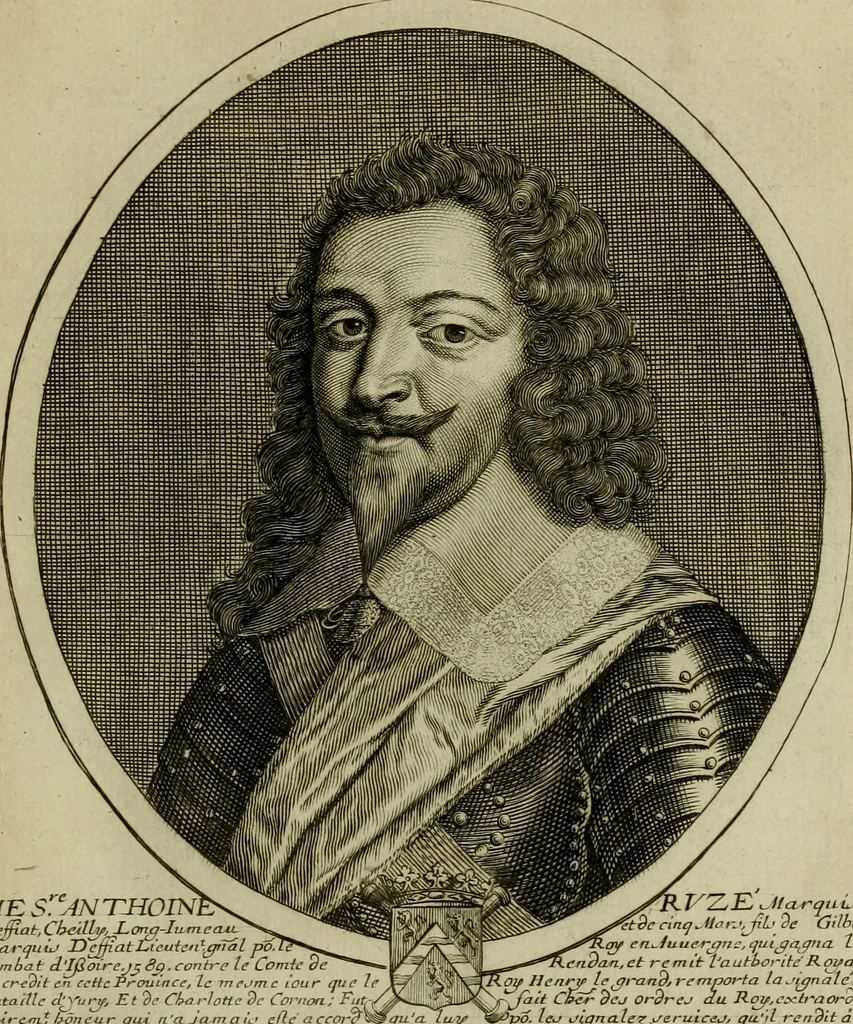 An illustration from Tableaux historiques, ou sont grauez les illustres francois et estrangers de l'un et de l'autre sexe : remarquables par leur naissance et leur fortune, doctrine, pieté, charges et emplois, auec les éloges sommaires contenans leurs noms et leurs qualitez, leurs peres et leurs meres, leurs aages, leurs mariages, les plus belles actions de leur vie et leurs armes blasonnées, 1662, leaf 190