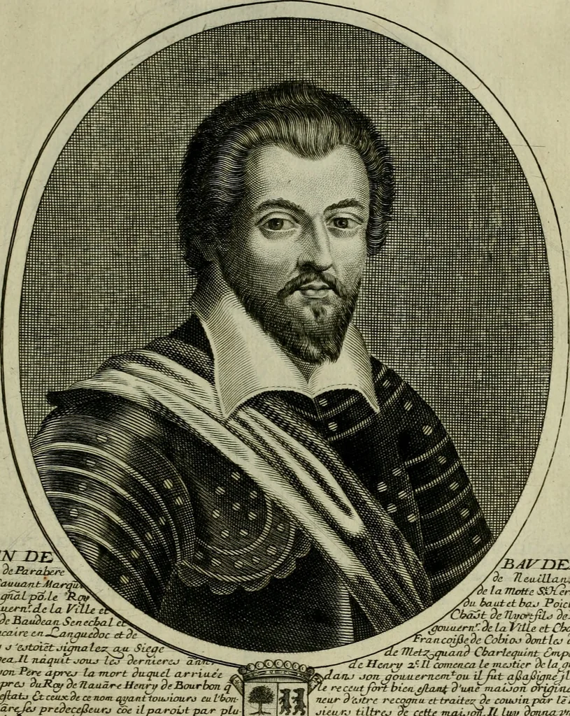 An illustration from Tableaux historiques, ou sont grauez les illustres francois et estrangers de l'un et de l'autre sexe : remarquables par leur naissance et leur fortune, doctrine, pieté, charges et emplois, auec les éloges sommaires contenans leurs noms et leurs qualitez, leurs peres et leurs meres, leurs aages, leurs mariages, les plus belles actions de leur vie et leurs armes blasonnées, 1662, leaf 194