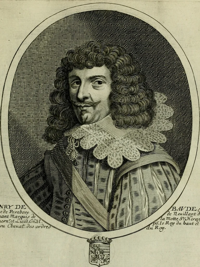 An illustration from Tableaux historiques, ou sont grauez les illustres francois et estrangers de l'un et de l'autre sexe : remarquables par leur naissance et leur fortune, doctrine, pieté, charges et emplois, auec les éloges sommaires contenans leurs noms et leurs qualitez, leurs peres et leurs meres, leurs aages, leurs mariages, les plus belles actions de leur vie et leurs armes blasonnées, 1662, leaf 196