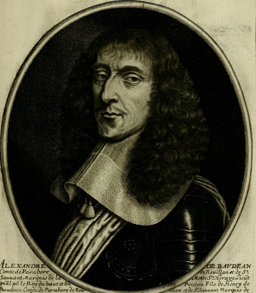 An illustration from Tableaux historiques, ou sont grauez les illustres francois et estrangers de l'un et de l'autre sexe : remarquables par leur naissance et leur fortune, doctrine, pieté, charges et emplois, auec les éloges sommaires contenans leurs noms et leurs qualitez, leurs peres et leurs meres, leurs aages, leurs mariages, les plus belles actions de leur vie et leurs armes blasonnées, 1662, leaf 198