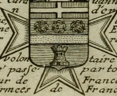 An illustration from Tableaux historiques, ou sont grauez les illustres francois et estrangers de l'un et de l'autre sexe : remarquables par leur naissance et leur fortune, doctrine, pieté, charges et emplois, auec les éloges sommaires contenans leurs noms et leurs qualitez, leurs peres et leurs meres, leurs aages, leurs mariages, les plus belles actions de leur vie et leurs armes blasonnées, 1662, leaf 202