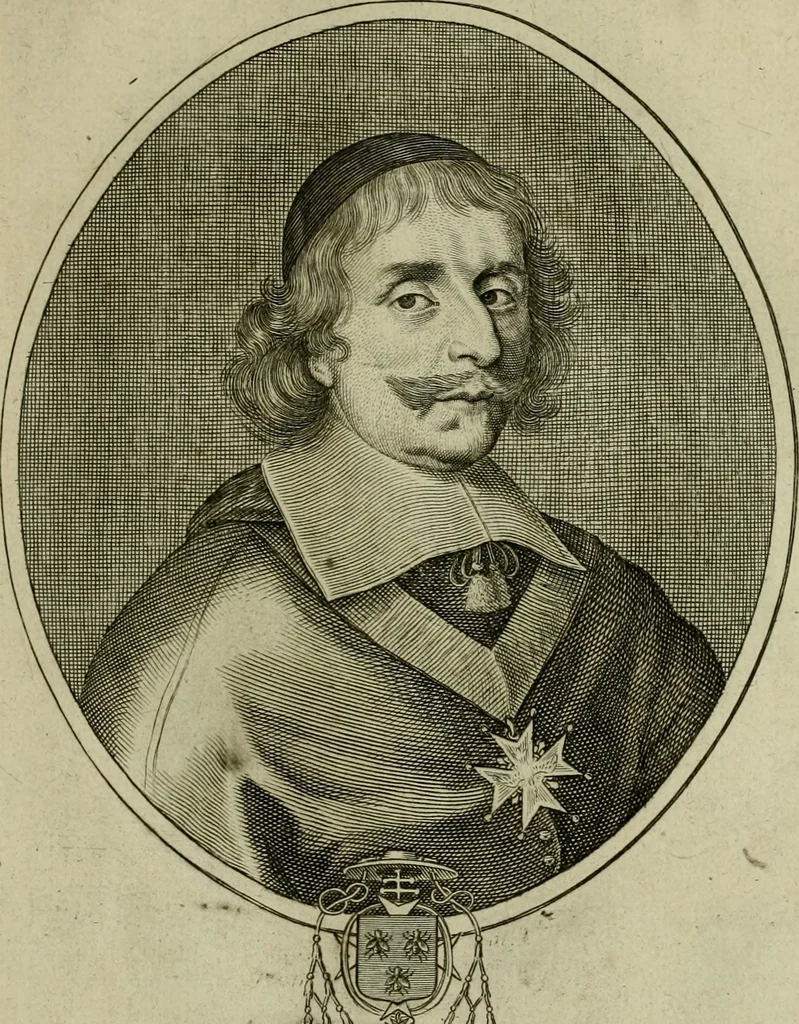 An illustration from Tableaux historiques, ou sont grauez les illustres francois et estrangers de l'un et de l'autre sexe : remarquables par leur naissance et leur fortune, doctrine, pieté, charges et emplois, auec les éloges sommaires contenans leurs noms et leurs qualitez, leurs peres et leurs meres, leurs aages, leurs mariages, les plus belles actions de leur vie et leurs armes blasonnées, 1662, leaf 214
