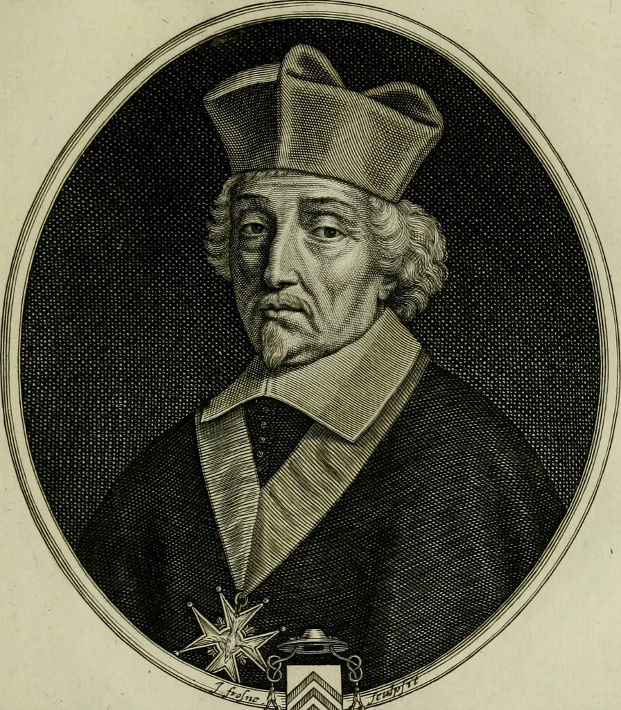 An illustration from Tableaux historiques, ou sont grauez les illustres francois et estrangers de l'un et de l'autre sexe : remarquables par leur naissance et leur fortune, doctrine, pieté, charges et emplois, auec les éloges sommaires contenans leurs noms et leurs qualitez, leurs peres et leurs meres, leurs aages, leurs mariages, les plus belles actions de leur vie et leurs armes blasonnées, 1662, leaf 232