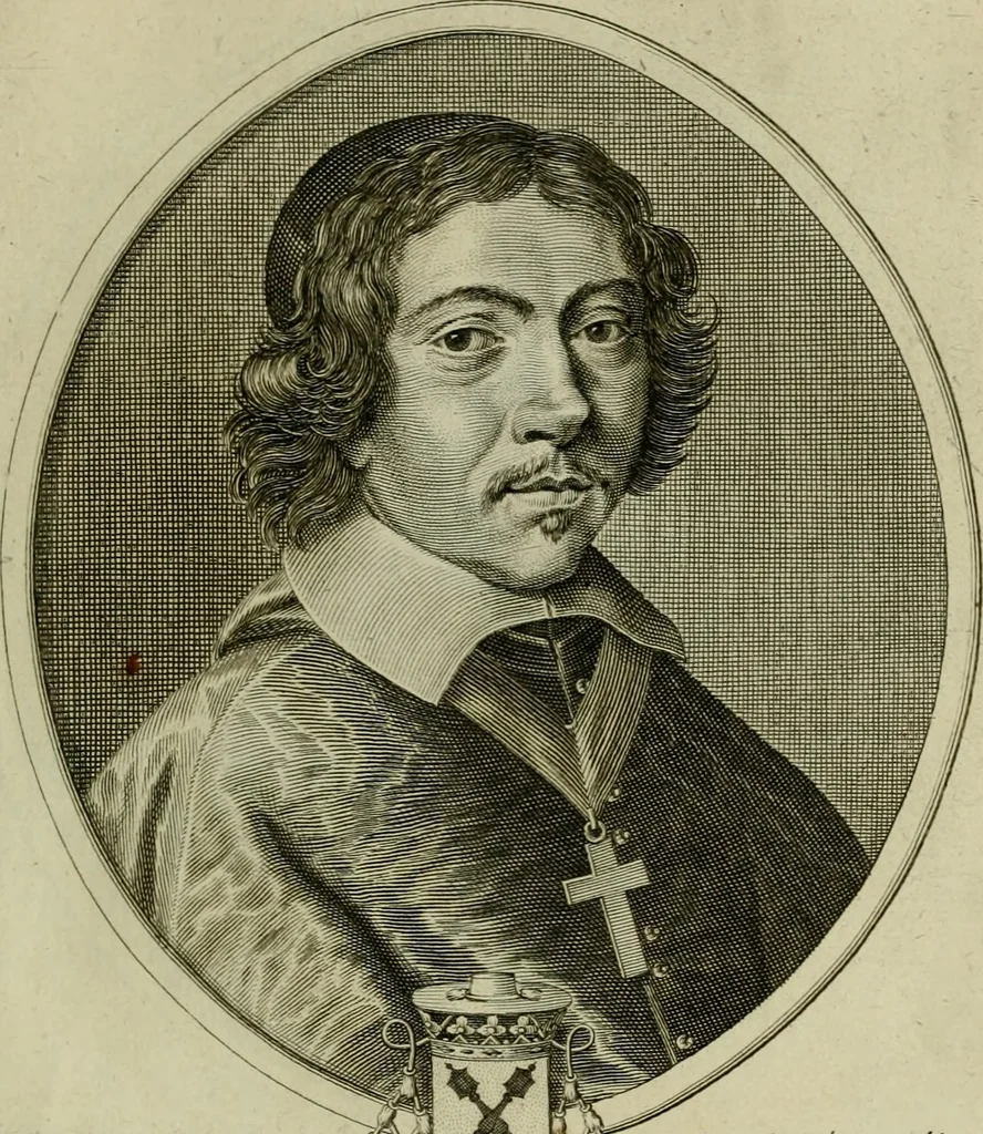 An illustration from Tableaux historiques, ou sont grauez les illustres francois et estrangers de l'un et de l'autre sexe : remarquables par leur naissance et leur fortune, doctrine, pieté, charges et emplois, auec les éloges sommaires contenans leurs noms et leurs qualitez, leurs peres et leurs meres, leurs aages, leurs mariages, les plus belles actions de leur vie et leurs armes blasonnées, 1662, leaf 238