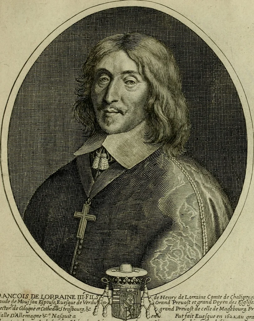 An illustration from Tableaux historiques, ou sont grauez les illustres francois et estrangers de l'un et de l'autre sexe : remarquables par leur naissance et leur fortune, doctrine, pieté, charges et emplois, auec les éloges sommaires contenans leurs noms et leurs qualitez, leurs peres et leurs meres, leurs aages, leurs mariages, les plus belles actions de leur vie et leurs armes blasonnées, 1662, leaf 244