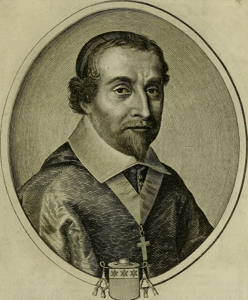 An illustration from Tableaux historiques, ou sont grauez les illustres francois et estrangers de l'un et de l'autre sexe : remarquables par leur naissance et leur fortune, doctrine, pieté, charges et emplois, auec les éloges sommaires contenans leurs noms et leurs qualitez, leurs peres et leurs meres, leurs aages, leurs mariages, les plus belles actions de leur vie et leurs armes blasonnées, 1662, leaf 246