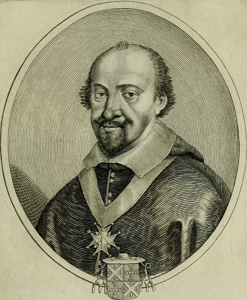 An illustration from Tableaux historiques, ou sont grauez les illustres francois et estrangers de l'un et de l'autre sexe : remarquables par leur naissance et leur fortune, doctrine, pieté, charges et emplois, auec les éloges sommaires contenans leurs noms et leurs qualitez, leurs peres et leurs meres, leurs aages, leurs mariages, les plus belles actions de leur vie et leurs armes blasonnées, 1662, leaf 254
