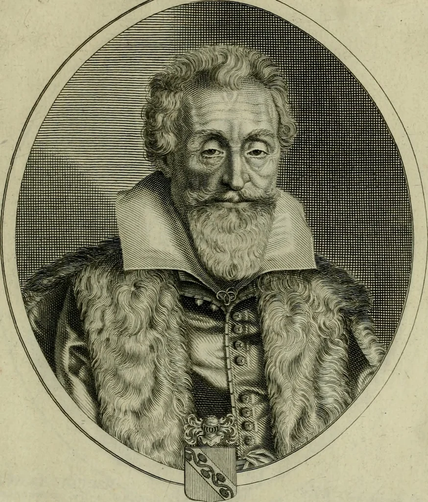 An illustration from Tableaux historiques, ou sont grauez les illustres francois et estrangers de l'un et de l'autre sexe : remarquables par leur naissance et leur fortune, doctrine, pieté, charges et emplois, auec les éloges sommaires contenans leurs noms et leurs qualitez, leurs peres et leurs meres, leurs aages, leurs mariages, les plus belles actions de leur vie et leurs armes blasonnées, 1662, leaf 256