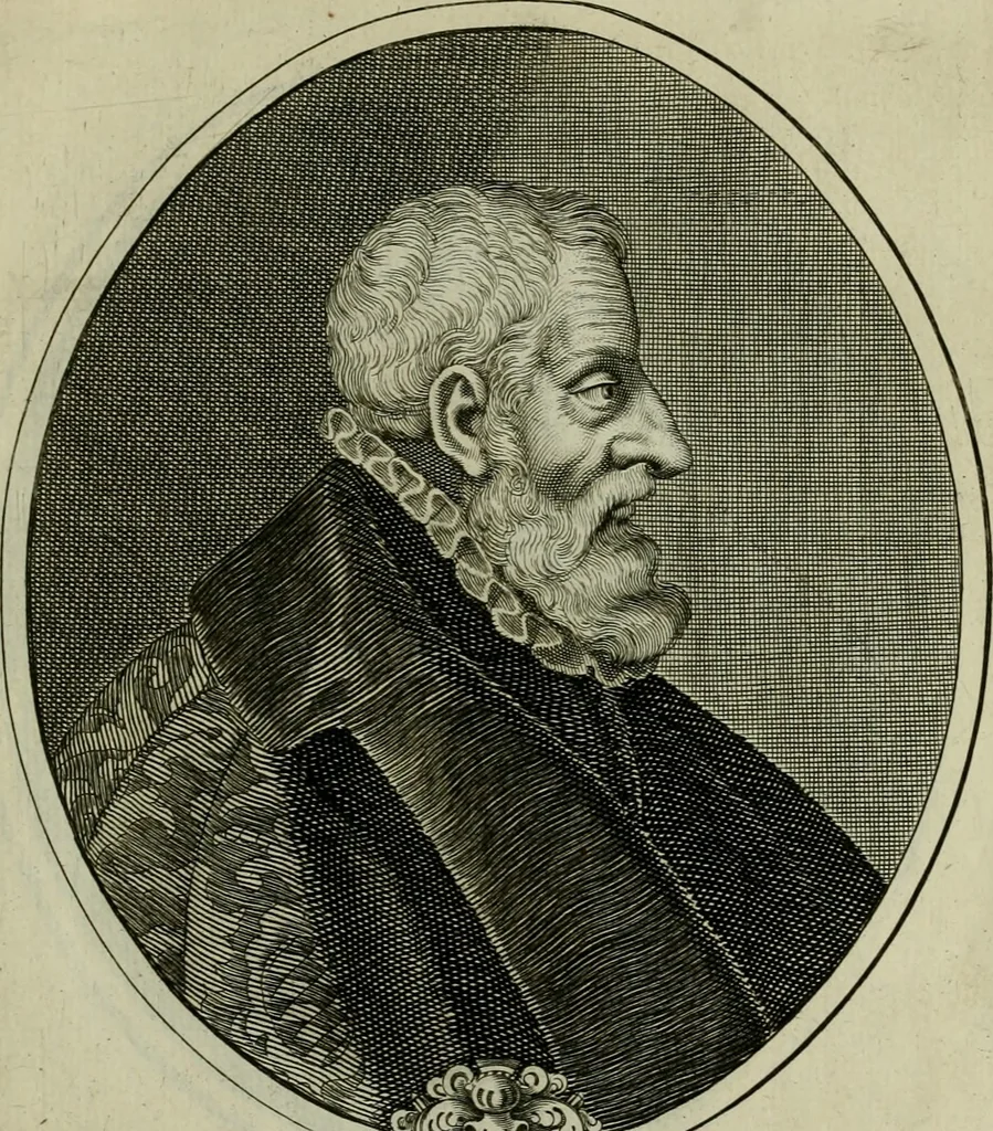 An illustration from Tableaux historiques, ou sont grauez les illustres francois et estrangers de l'un et de l'autre sexe : remarquables par leur naissance et leur fortune, doctrine, pieté, charges et emplois, auec les éloges sommaires contenans leurs noms et leurs qualitez, leurs peres et leurs meres, leurs aages, leurs mariages, les plus belles actions de leur vie et leurs armes blasonnées, 1662, leaf 264