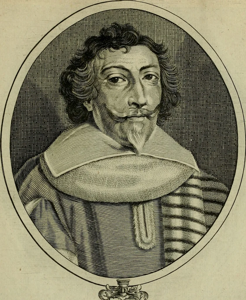 An illustration from Tableaux historiques, ou sont grauez les illustres francois et estrangers de l'un et de l'autre sexe : remarquables par leur naissance et leur fortune, doctrine, pieté, charges et emplois, auec les éloges sommaires contenans leurs noms et leurs qualitez, leurs peres et leurs meres, leurs aages, leurs mariages, les plus belles actions de leur vie et leurs armes blasonnées, 1662, leaf 268