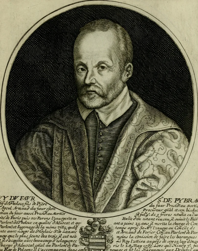 An illustration from Tableaux historiques, ou sont grauez les illustres francois et estrangers de l'un et de l'autre sexe : remarquables par leur naissance et leur fortune, doctrine, pieté, charges et emplois, auec les éloges sommaires contenans leurs noms et leurs qualitez, leurs peres et leurs meres, leurs aages, leurs mariages, les plus belles actions de leur vie et leurs armes blasonnées, 1662, leaf 270
