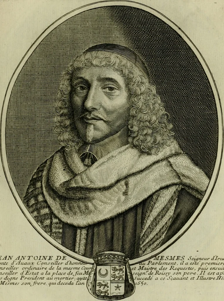 An illustration from Tableaux historiques, ou sont grauez les illustres francois et estrangers de l'un et de l'autre sexe : remarquables par leur naissance et leur fortune, doctrine, pieté, charges et emplois, auec les éloges sommaires contenans leurs noms et leurs qualitez, leurs peres et leurs meres, leurs aages, leurs mariages, les plus belles actions de leur vie et leurs armes blasonnées, 1662, leaf 274