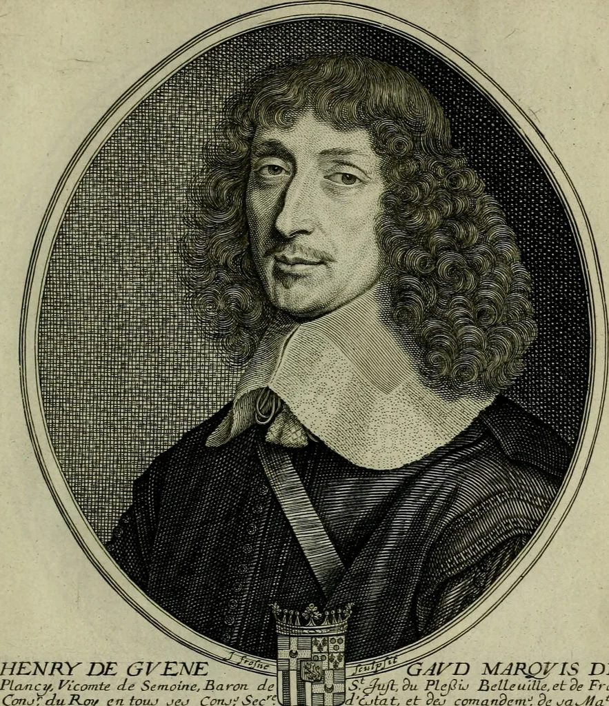 An illustration from Tableaux historiques, ou sont grauez les illustres francois et estrangers de l'un et de l'autre sexe : remarquables par leur naissance et leur fortune, doctrine, pieté, charges et emplois, auec les éloges sommaires contenans leurs noms et leurs qualitez, leurs peres et leurs meres, leurs aages, leurs mariages, les plus belles actions de leur vie et leurs armes blasonnées, 1662, leaf 284