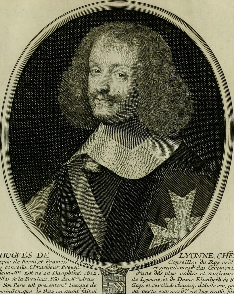 An illustration from Tableaux historiques, ou sont grauez les illustres francois et estrangers de l'un et de l'autre sexe : remarquables par leur naissance et leur fortune, doctrine, pieté, charges et emplois, auec les éloges sommaires contenans leurs noms et leurs qualitez, leurs peres et leurs meres, leurs aages, leurs mariages, les plus belles actions de leur vie et leurs armes blasonnées, 1662, leaf 286