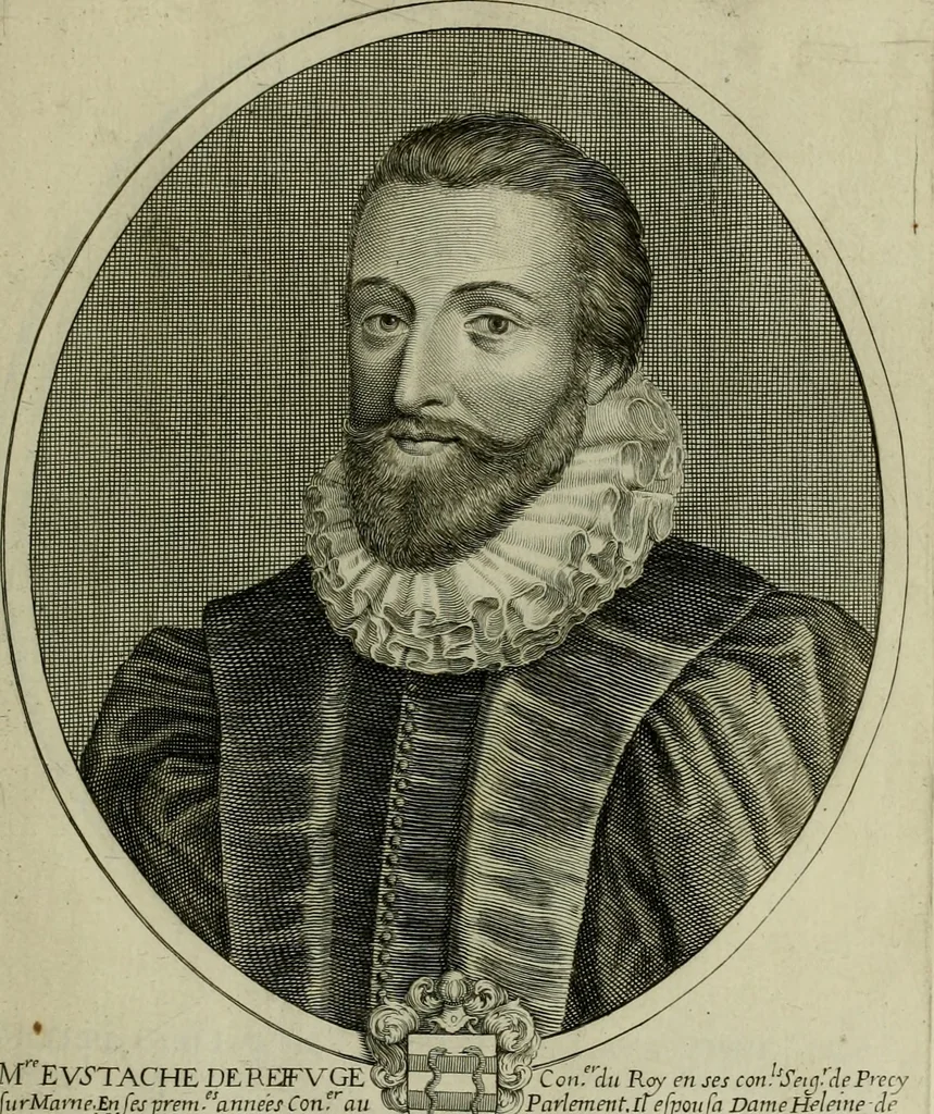 An illustration from Tableaux historiques, ou sont grauez les illustres francois et estrangers de l'un et de l'autre sexe : remarquables par leur naissance et leur fortune, doctrine, pieté, charges et emplois, auec les éloges sommaires contenans leurs noms et leurs qualitez, leurs peres et leurs meres, leurs aages, leurs mariages, les plus belles actions de leur vie et leurs armes blasonnées, 1662, leaf 292