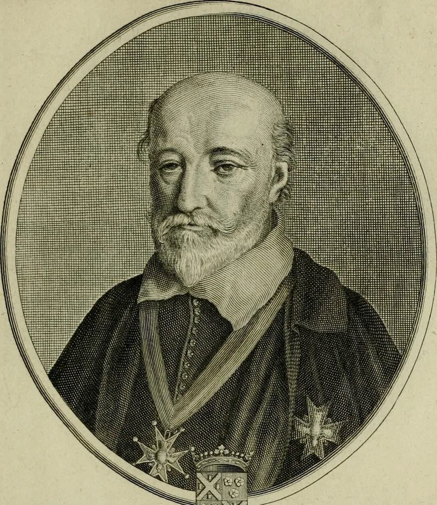 An illustration from Tableaux historiques, ou sont grauez les illustres francois et estrangers de l'un et de l'autre sexe : remarquables par leur naissance et leur fortune, doctrine, pieté, charges et emplois, auec les éloges sommaires contenans leurs noms et leurs qualitez, leurs peres et leurs meres, leurs aages, leurs mariages, les plus belles actions de leur vie et leurs armes blasonnées, 1662, leaf 294
