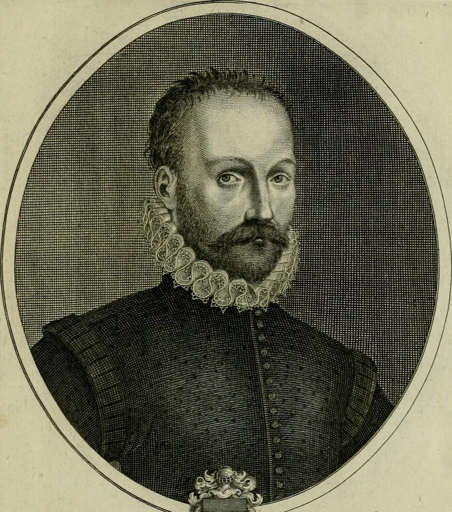 An illustration from Tableaux historiques, ou sont grauez les illustres francois et estrangers de l'un et de l'autre sexe : remarquables par leur naissance et leur fortune, doctrine, pieté, charges et emplois, auec les éloges sommaires contenans leurs noms et leurs qualitez, leurs peres et leurs meres, leurs aages, leurs mariages, les plus belles actions de leur vie et leurs armes blasonnées, 1662, leaf 302