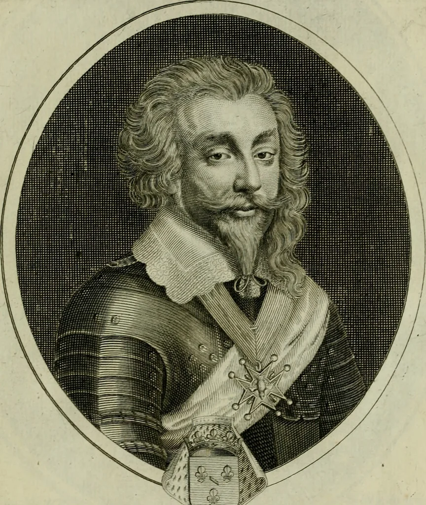 An illustration from Tableaux historiques, ou sont grauez les illustres francois et estrangers de l'un et de l'autre sexe : remarquables par leur naissance et leur fortune, doctrine, pieté, charges et emplois, auec les éloges sommaires contenans leurs noms et leurs qualitez, leurs peres et leurs meres, leurs aages, leurs mariages, les plus belles actions de leur vie et leurs armes blasonnées, 1662, leaf 32