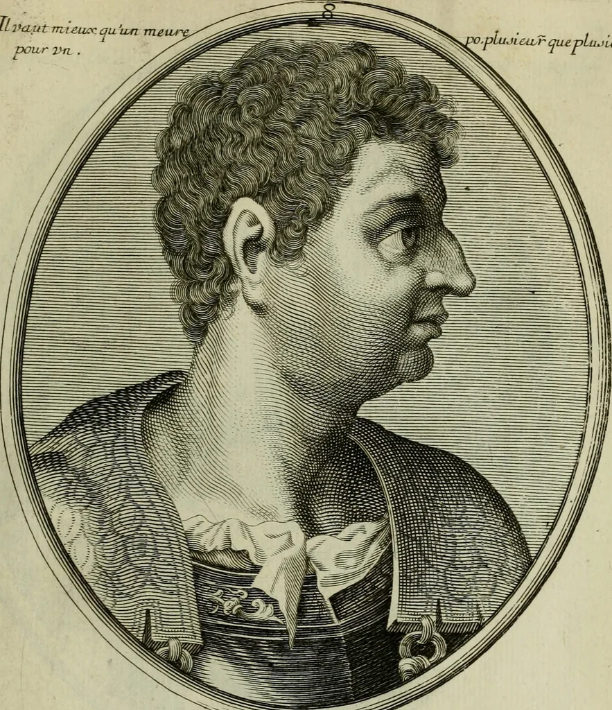 An illustration from Tableaux historiques, ou sont grauez les illustres francois et estrangers de l'un et de l'autre sexe : remarquables par leur naissance et leur fortune, doctrine, pieté, charges et emplois, auec les éloges sommaires contenans leurs noms et leurs qualitez, leurs peres et leurs meres, leurs aages, leurs mariages, les plus belles actions de leur vie et leurs armes blasonnées, 1662, leaf 320