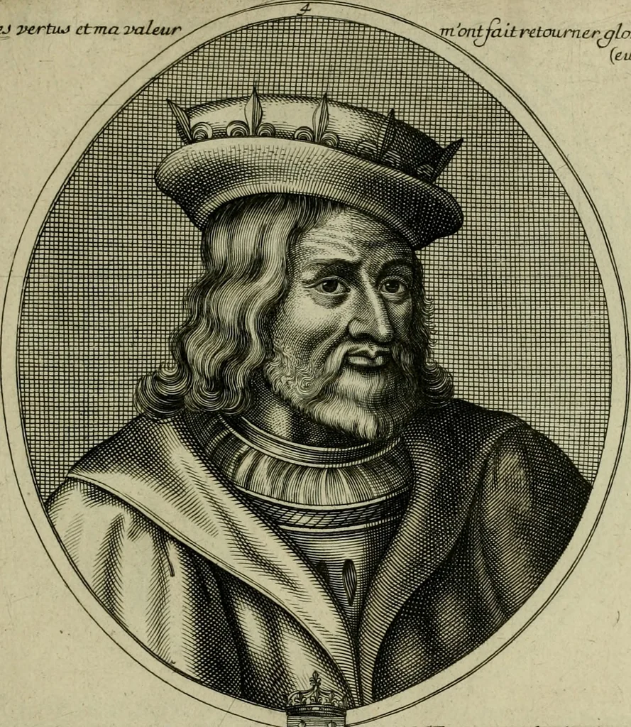 An illustration from Tableaux historiques, ou sont grauez les illustres francois et estrangers de l'un et de l'autre sexe : remarquables par leur naissance et leur fortune, doctrine, pieté, charges et emplois, auec les éloges sommaires contenans leurs noms et leurs qualitez, leurs peres et leurs meres, leurs aages, leurs mariages, les plus belles actions de leur vie et leurs armes blasonnées, 1662, leaf 336