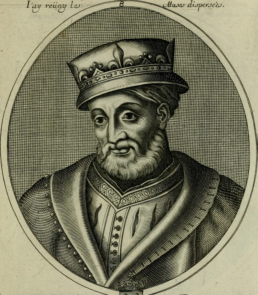 An illustration from Tableaux historiques, ou sont grauez les illustres francois et estrangers de l'un et de l'autre sexe : remarquables par leur naissance et leur fortune, doctrine, pieté, charges et emplois, auec les éloges sommaires contenans leurs noms et leurs qualitez, leurs peres et leurs meres, leurs aages, leurs mariages, les plus belles actions de leur vie et leurs armes blasonnées, 1662, leaf 344