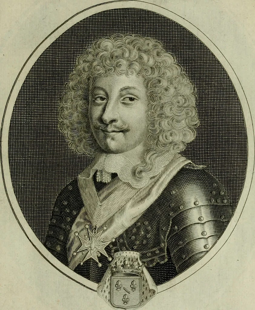 An illustration from Tableaux historiques, ou sont grauez les illustres francois et estrangers de l'un et de l'autre sexe : remarquables par leur naissance et leur fortune, doctrine, pieté, charges et emplois, auec les éloges sommaires contenans leurs noms et leurs qualitez, leurs peres et leurs meres, leurs aages, leurs mariages, les plus belles actions de leur vie et leurs armes blasonnées, 1662, leaf 40