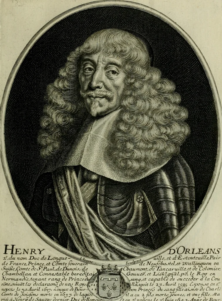 An illustration from Tableaux historiques, ou sont grauez les illustres francois et estrangers de l'un et de l'autre sexe : remarquables par leur naissance et leur fortune, doctrine, pieté, charges et emplois, auec les éloges sommaires contenans leurs noms et leurs qualitez, leurs peres et leurs meres, leurs aages, leurs mariages, les plus belles actions de leur vie et leurs armes blasonnées, 1662, leaf 42