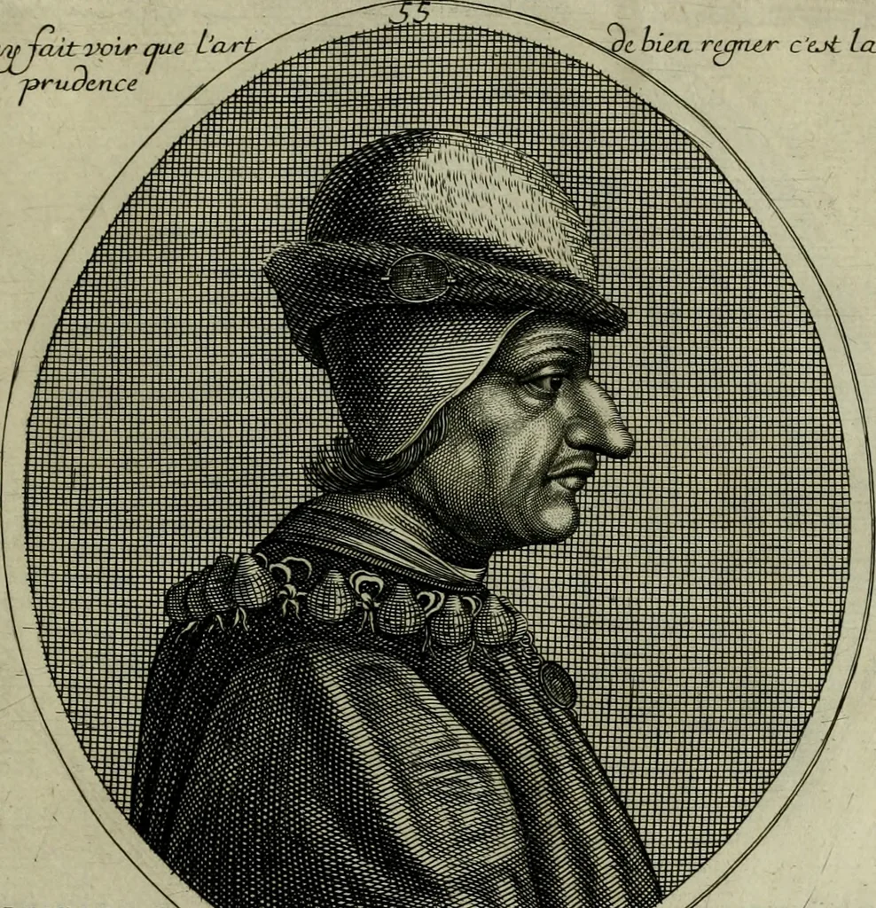 An illustration from Tableaux historiques, ou sont grauez les illustres francois et estrangers de l'un et de l'autre sexe : remarquables par leur naissance et leur fortune, doctrine, pieté, charges et emplois, auec les éloges sommaires contenans leurs noms et leurs qualitez, leurs peres et leurs meres, leurs aages, leurs mariages, les plus belles actions de leur vie et leurs armes blasonnées, 1662, leaf 436