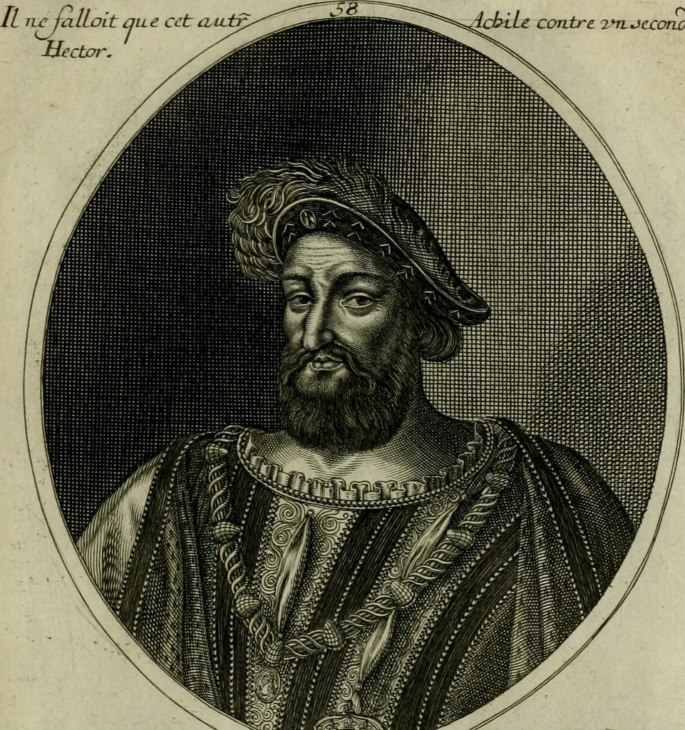 An illustration from Tableaux historiques, ou sont grauez les illustres francois et estrangers de l'un et de l'autre sexe : remarquables par leur naissance et leur fortune, doctrine, pieté, charges et emplois, auec les éloges sommaires contenans leurs noms et leurs qualitez, leurs peres et leurs meres, leurs aages, leurs mariages, les plus belles actions de leur vie et leurs armes blasonnées, 1662, leaf 442