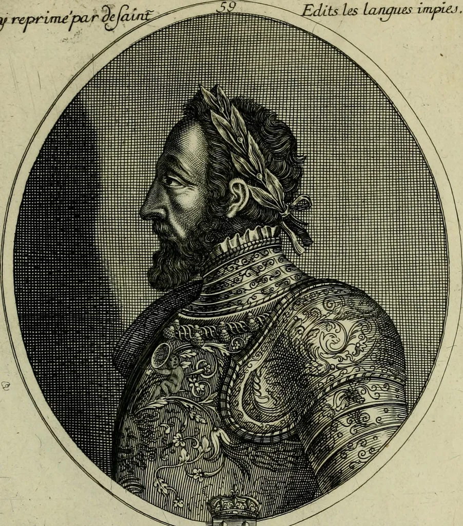 An illustration from Tableaux historiques, ou sont grauez les illustres francois et estrangers de l'un et de l'autre sexe : remarquables par leur naissance et leur fortune, doctrine, pieté, charges et emplois, auec les éloges sommaires contenans leurs noms et leurs qualitez, leurs peres et leurs meres, leurs aages, leurs mariages, les plus belles actions de leur vie et leurs armes blasonnées, 1662, leaf 444