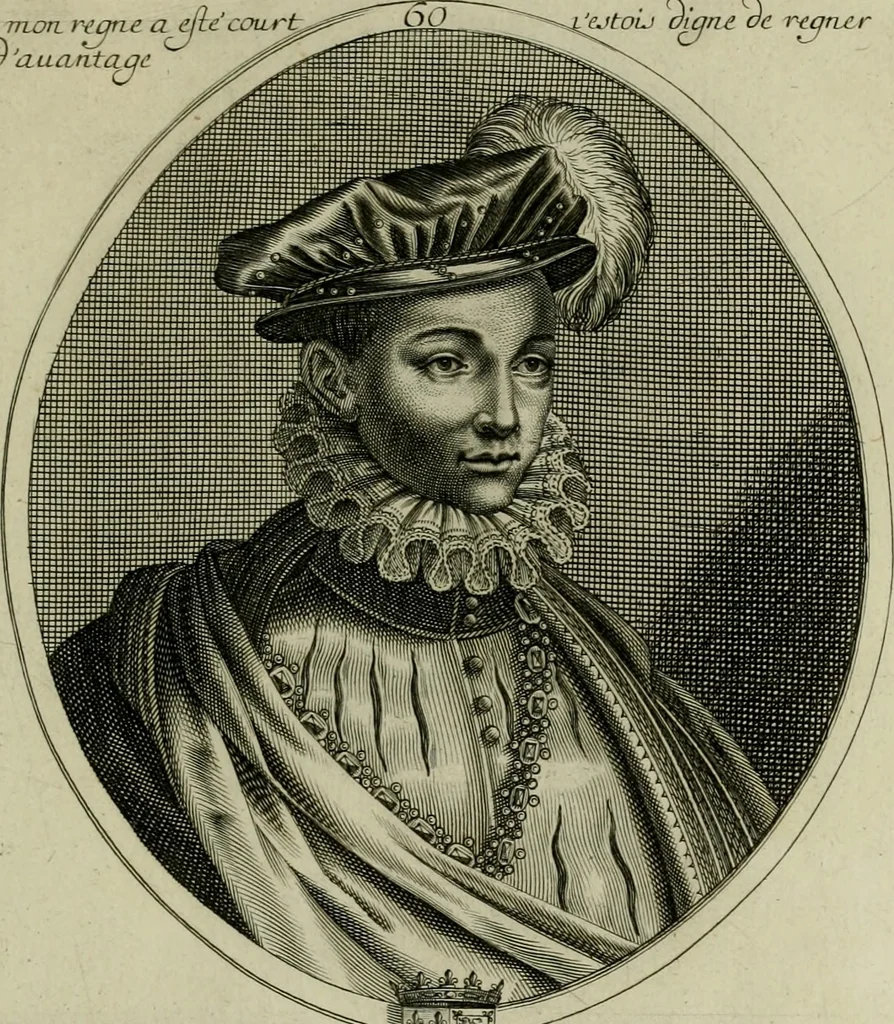 An illustration from Tableaux historiques, ou sont grauez les illustres francois et estrangers de l'un et de l'autre sexe : remarquables par leur naissance et leur fortune, doctrine, pieté, charges et emplois, auec les éloges sommaires contenans leurs noms et leurs qualitez, leurs peres et leurs meres, leurs aages, leurs mariages, les plus belles actions de leur vie et leurs armes blasonnées, 1662, leaf 446