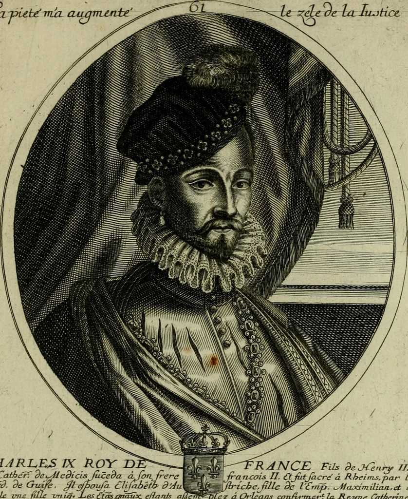 An illustration from Tableaux historiques, ou sont grauez les illustres francois et estrangers de l'un et de l'autre sexe : remarquables par leur naissance et leur fortune, doctrine, pieté, charges et emplois, auec les éloges sommaires contenans leurs noms et leurs qualitez, leurs peres et leurs meres, leurs aages, leurs mariages, les plus belles actions de leur vie et leurs armes blasonnées, 1662, leaf 448