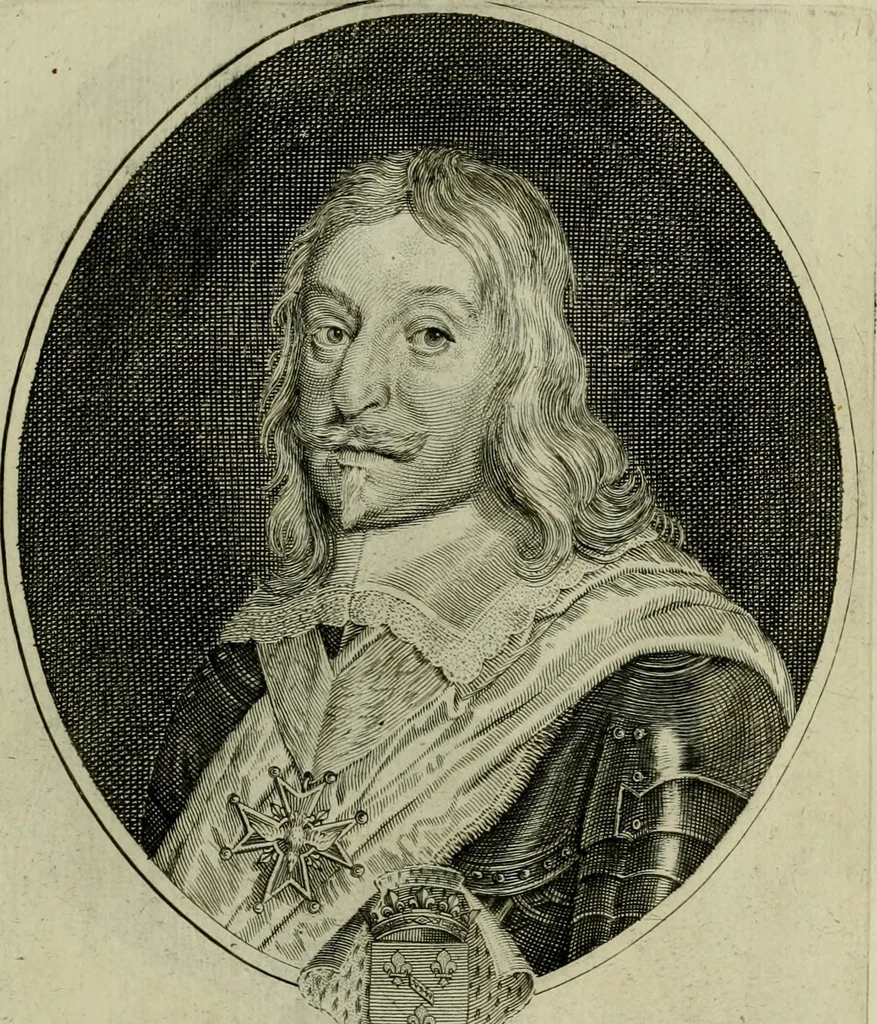 An illustration from Tableaux historiques, ou sont grauez les illustres francois et estrangers de l'un et de l'autre sexe : remarquables par leur naissance et leur fortune, doctrine, pieté, charges et emplois, auec les éloges sommaires contenans leurs noms et leurs qualitez, leurs peres et leurs meres, leurs aages, leurs mariages, les plus belles actions de leur vie et leurs armes blasonnées, 1662, leaf 46