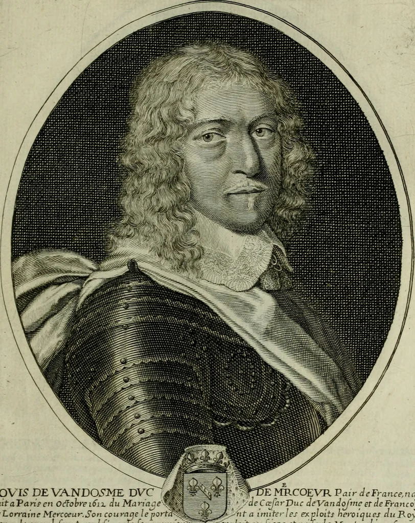 An illustration from Tableaux historiques, ou sont grauez les illustres francois et estrangers de l'un et de l'autre sexe : remarquables par leur naissance et leur fortune, doctrine, pieté, charges et emplois, auec les éloges sommaires contenans leurs noms et leurs qualitez, leurs peres et leurs meres, leurs aages, leurs mariages, les plus belles actions de leur vie et leurs armes blasonnées, 1662, leaf 48