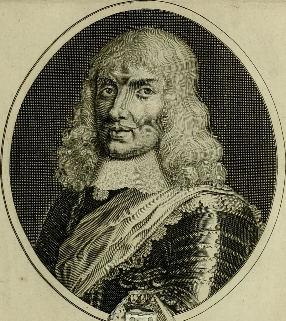 An illustration from Tableaux historiques, ou sont grauez les illustres francois et estrangers de l'un et de l'autre sexe : remarquables par leur naissance et leur fortune, doctrine, pieté, charges et emplois, auec les éloges sommaires contenans leurs noms et leurs qualitez, leurs peres et leurs meres, leurs aages, leurs mariages, les plus belles actions de leur vie et leurs armes blasonnées, 1662, leaf 50