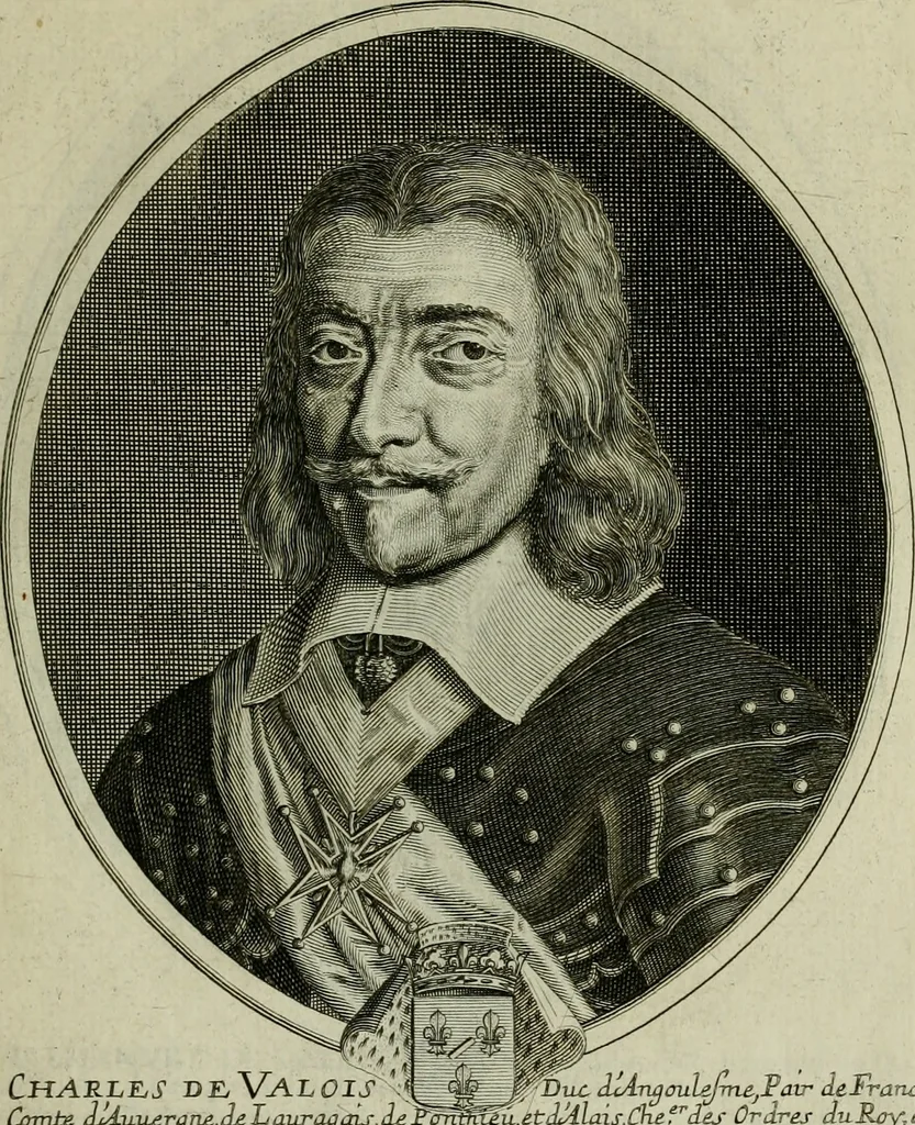 An illustration from Tableaux historiques, ou sont grauez les illustres francois et estrangers de l'un et de l'autre sexe : remarquables par leur naissance et leur fortune, doctrine, pieté, charges et emplois, auec les éloges sommaires contenans leurs noms et leurs qualitez, leurs peres et leurs meres, leurs aages, leurs mariages, les plus belles actions de leur vie et leurs armes blasonnées, 1662, leaf 52