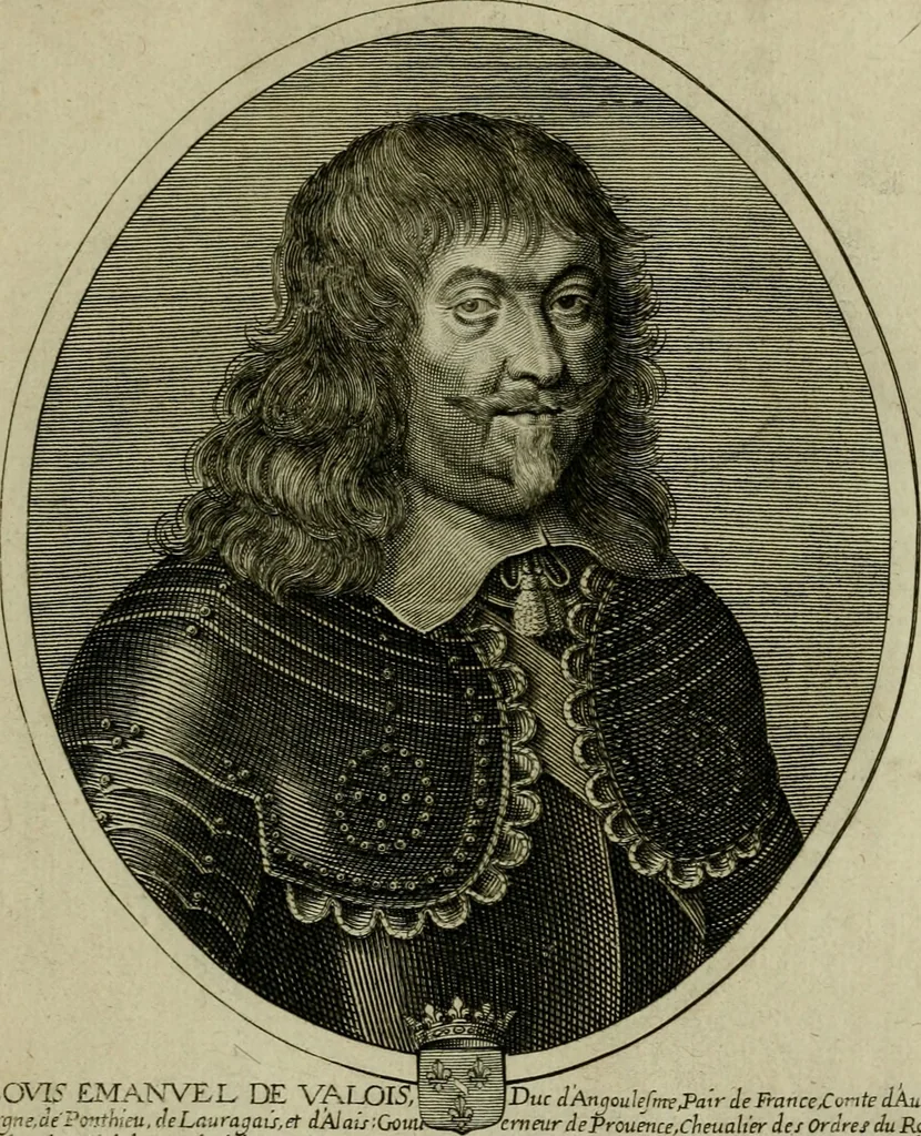 An illustration from Tableaux historiques, ou sont grauez les illustres francois et estrangers de l'un et de l'autre sexe : remarquables par leur naissance et leur fortune, doctrine, pieté, charges et emplois, auec les éloges sommaires contenans leurs noms et leurs qualitez, leurs peres et leurs meres, leurs aages, leurs mariages, les plus belles actions de leur vie et leurs armes blasonnées, 1662, leaf 54