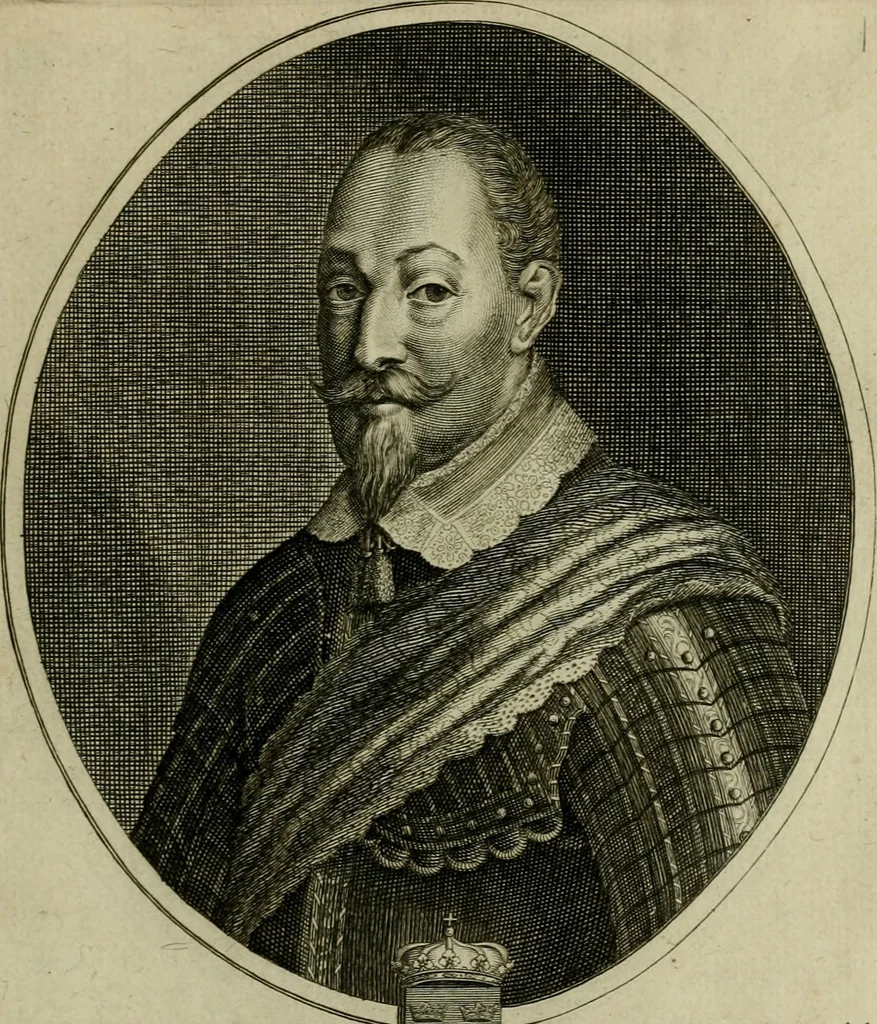 An illustration from Tableaux historiques, ou sont grauez les illustres francois et estrangers de l'un et de l'autre sexe : remarquables par leur naissance et leur fortune, doctrine, pieté, charges et emplois, auec les éloges sommaires contenans leurs noms et leurs qualitez, leurs peres et leurs meres, leurs aages, leurs mariages, les plus belles actions de leur vie et leurs armes blasonnées, 1662, leaf 68