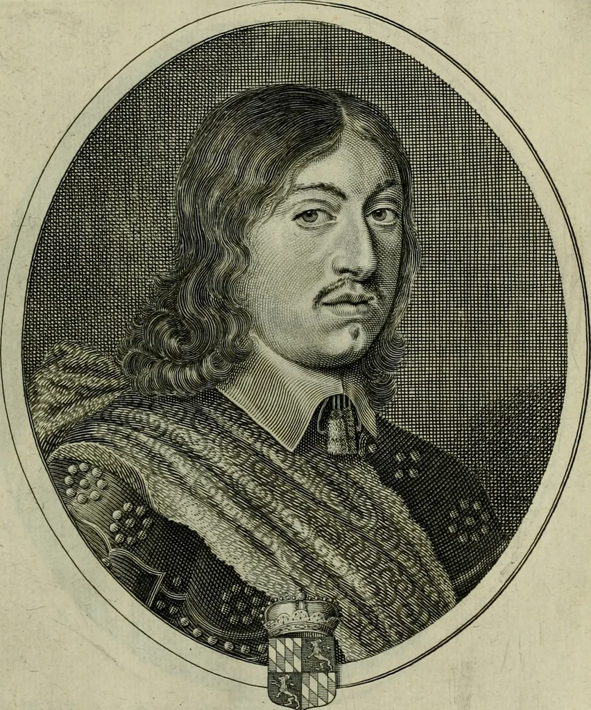 An illustration from Tableaux historiques, ou sont grauez les illustres francois et estrangers de l'un et de l'autre sexe : remarquables par leur naissance et leur fortune, doctrine, pieté, charges et emplois, auec les éloges sommaires contenans leurs noms et leurs qualitez, leurs peres et leurs meres, leurs aages, leurs mariages, les plus belles actions de leur vie et leurs armes blasonnées, 1662, leaf 72