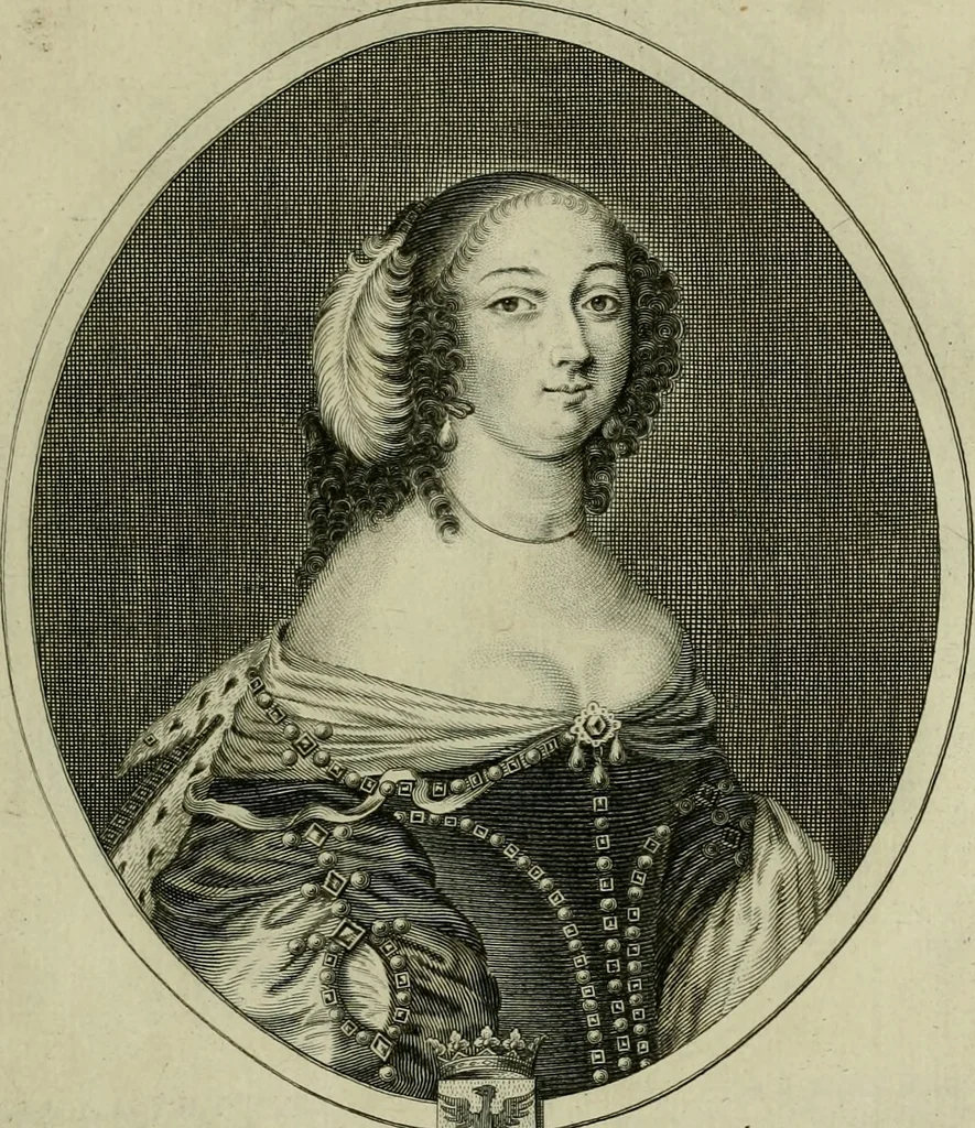 An illustration from Tableaux historiques, ou sont grauez les illustres francois et estrangers de l'un et de l'autre sexe : remarquables par leur naissance et leur fortune, doctrine, pieté, charges et emplois, auec les éloges sommaires contenans leurs noms et leurs qualitez, leurs peres et leurs meres, leurs aages, leurs mariages, les plus belles actions de leur vie et leurs armes blasonnées, 1662, leaf 78