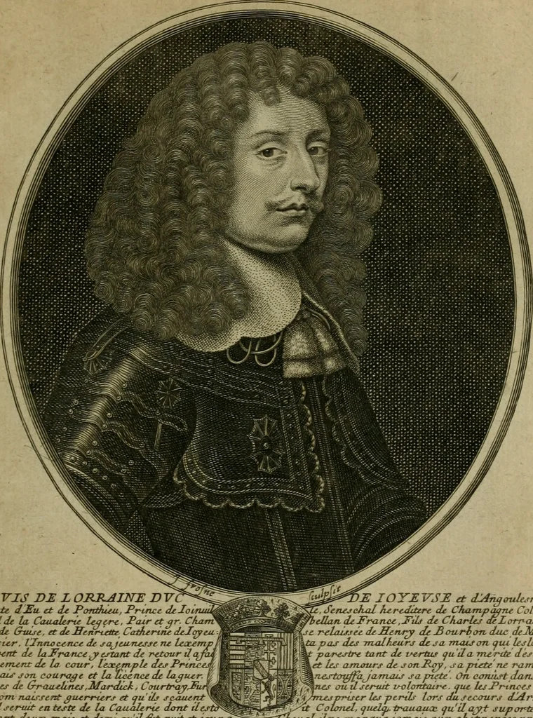 An illustration from Tableaux historiques, ou sont grauez les illustres francois et estrangers de l'un et de l'autre sexe : remarquables par leur naissance et leur fortune, doctrine, pieté, charges et emplois, auec les éloges sommaires contenans leurs noms et leurs qualitez, leurs peres et leurs meres, leurs aages, leurs mariages, les plus belles actions de leur vie et leurs armes blasonnées, 1662, leaf 84