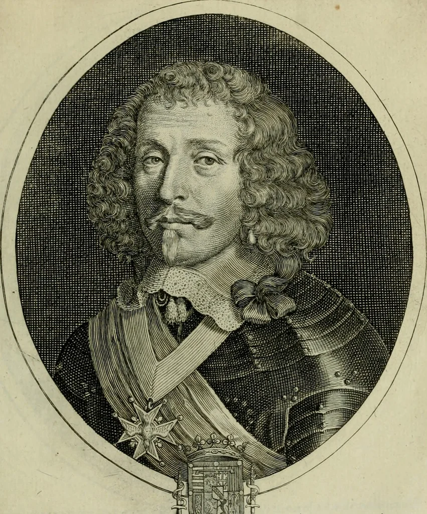An illustration from Tableaux historiques, ou sont grauez les illustres francois et estrangers de l'un et de l'autre sexe : remarquables par leur naissance et leur fortune, doctrine, pieté, charges et emplois, auec les éloges sommaires contenans leurs noms et leurs qualitez, leurs peres et leurs meres, leurs aages, leurs mariages, les plus belles actions de leur vie et leurs armes blasonnées, 1662, leaf 86
