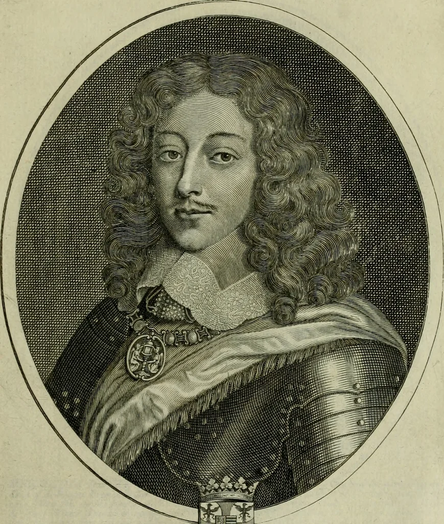 An illustration from Tableaux historiques, ou sont grauez les illustres francois et estrangers de l'un et de l'autre sexe : remarquables par leur naissance et leur fortune, doctrine, pieté, charges et emplois, auec les éloges sommaires contenans leurs noms et leurs qualitez, leurs peres et leurs meres, leurs aages, leurs mariages, les plus belles actions de leur vie et leurs armes blasonnées, 1662, leaf 90