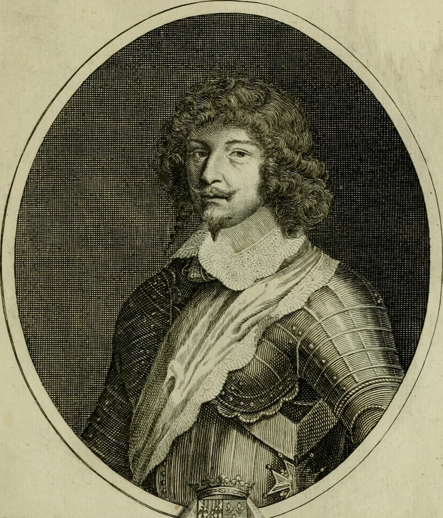 An illustration from Tableaux historiques, ou sont grauez les illustres francois et estrangers de l'un et de l'autre sexe : remarquables par leur naissance et leur fortune, doctrine, pieté, charges et emplois, auec les éloges sommaires contenans leurs noms et leurs qualitez, leurs peres et leurs meres, leurs aages, leurs mariages, les plus belles actions de leur vie et leurs armes blasonnées, 1662, leaf 94
